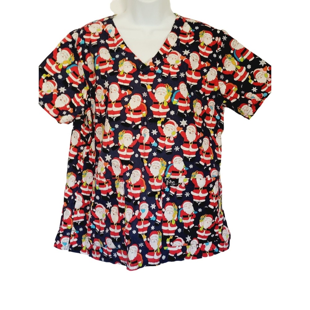Peaches Sport Christmas Scrub Top XL Santa Print V-Neck Short Sleeves Cotton